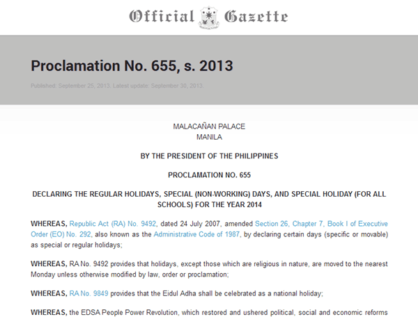 Official Philippine Holiday 2014